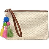 Masien Rauder Luxury Straw Wristlet Pouch Beach Clutch Bag Small Summer Vacation Purse w. Colorful Pom Poms Tassels for Women