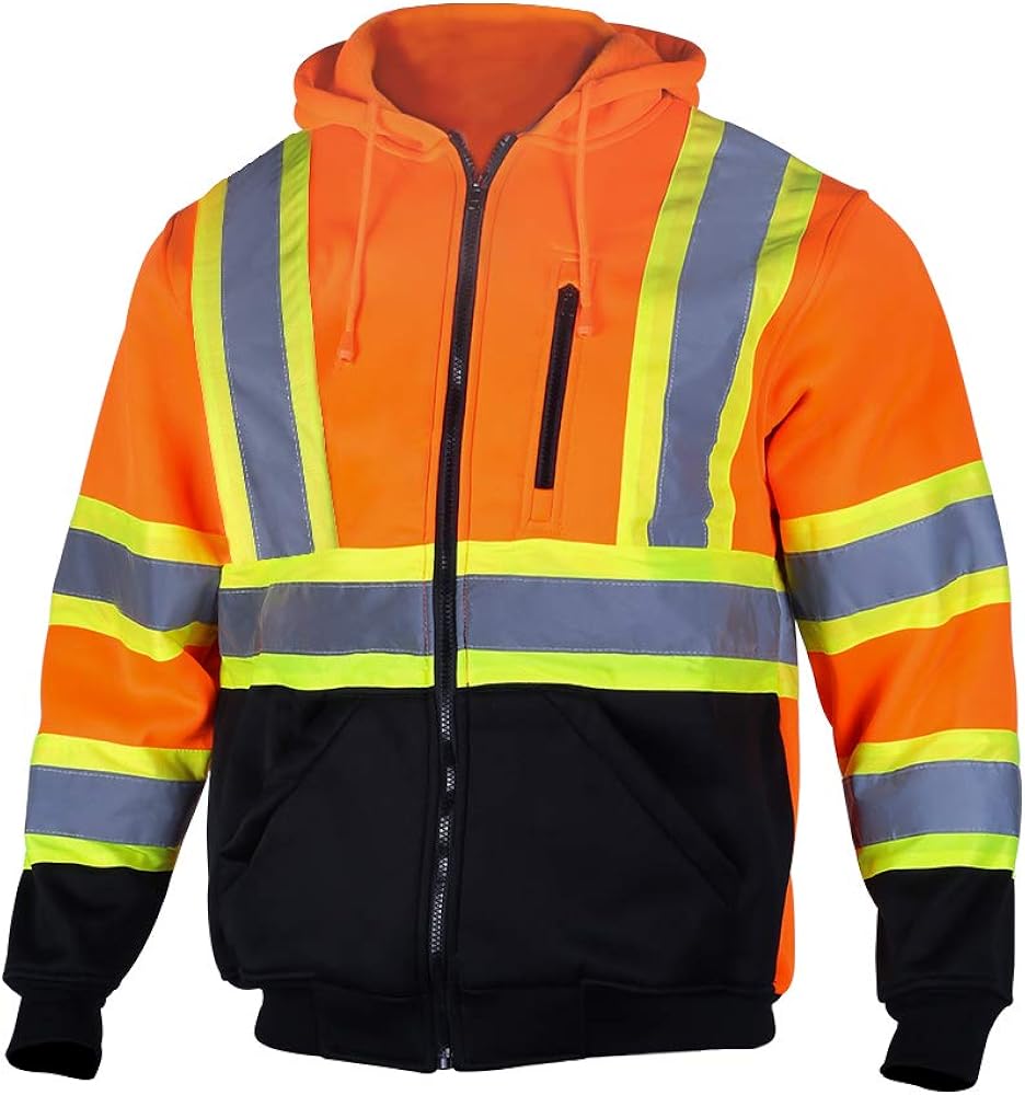 VENDACE Men's ANSI Class 3 High Vis Safety Reflective Sweatshirt Wool Fleece Zipper Jacket Hoodie with Black Bottom: Clothing