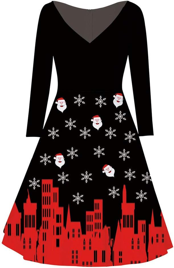 Women's Christmas Santa Claus Print Pullover Flared A Line Dress Long Sleeve V-Neck Evening Party Dress