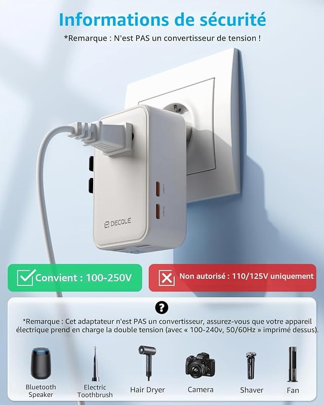 “Air” Adaptateur Prise Universelle avec 2 USB-C(PD 25W) ＆ 2 USB-A — photo 7 sur 8