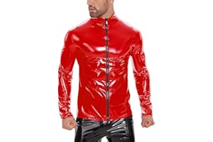XOKESY Men Sexy Leather Shirt, Glossy, Plus Size, Full Zipper, Shiny Latex Coat For Male, Red