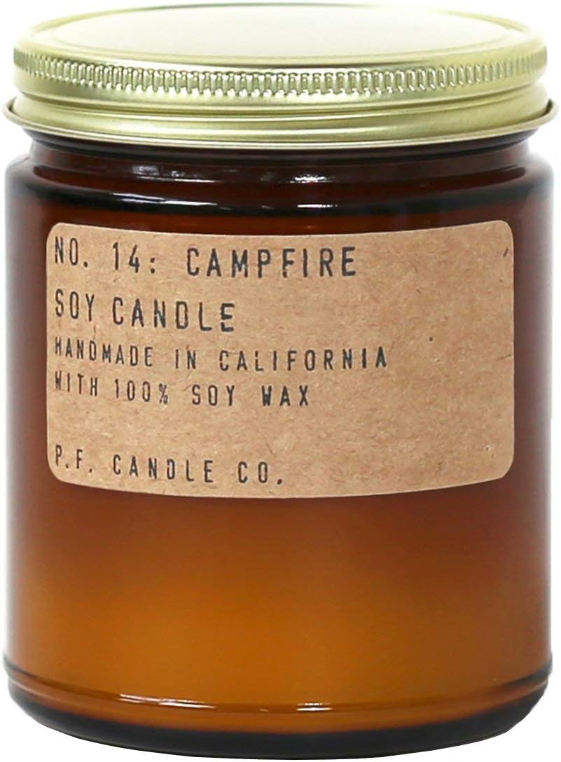 P.F. Candle Co. Campfire Classic Standard Scented Soy Wax Candle (7.2 oz) 40-50 Hour Burn Time, Cotton Wick, Amber Glass Jar