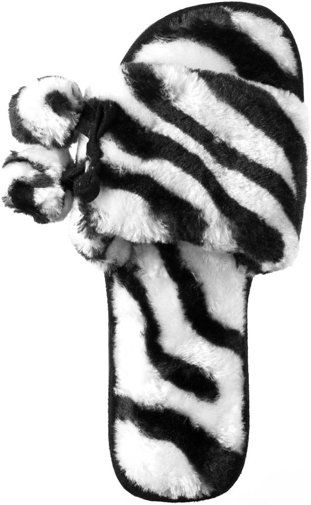 Beverly Rock Woman's New Plush Animal Print Leopard or Zebra Slide Fabric Slippers with Stylish Pom Pom's