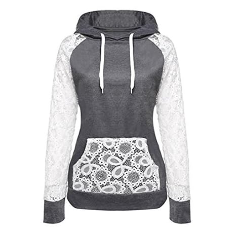 LuckyGirls Damen Hoodie weatshirt Pullover Lace Patchwork Jacke Gestrickt