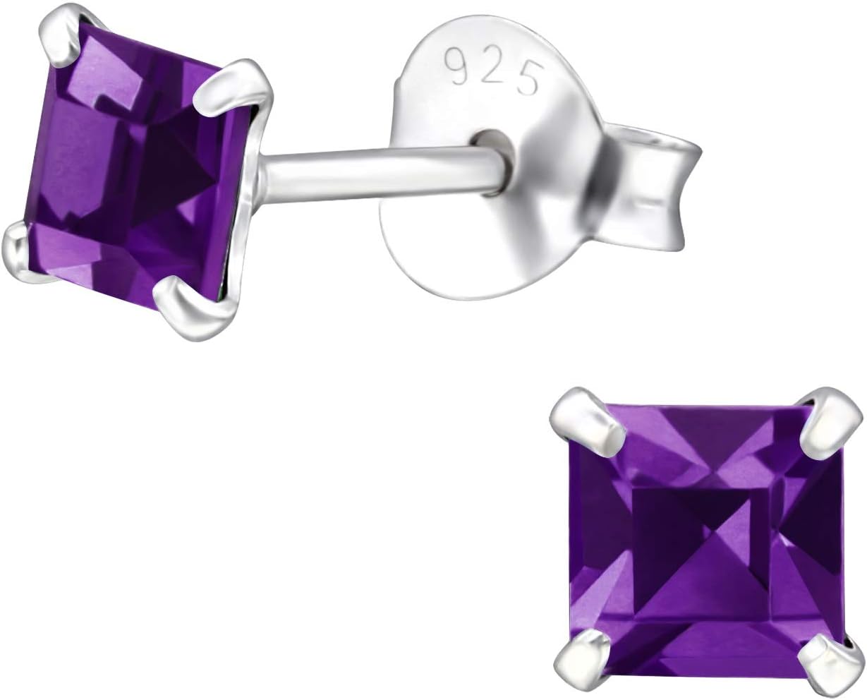 Emerald Butterfly925 Sterling Silver with sparkling Crystals small square stud earrings 4mm in various sparkly colours anti allergy hypoallergenic nickel free jewellery ladies sensitive ears gift box