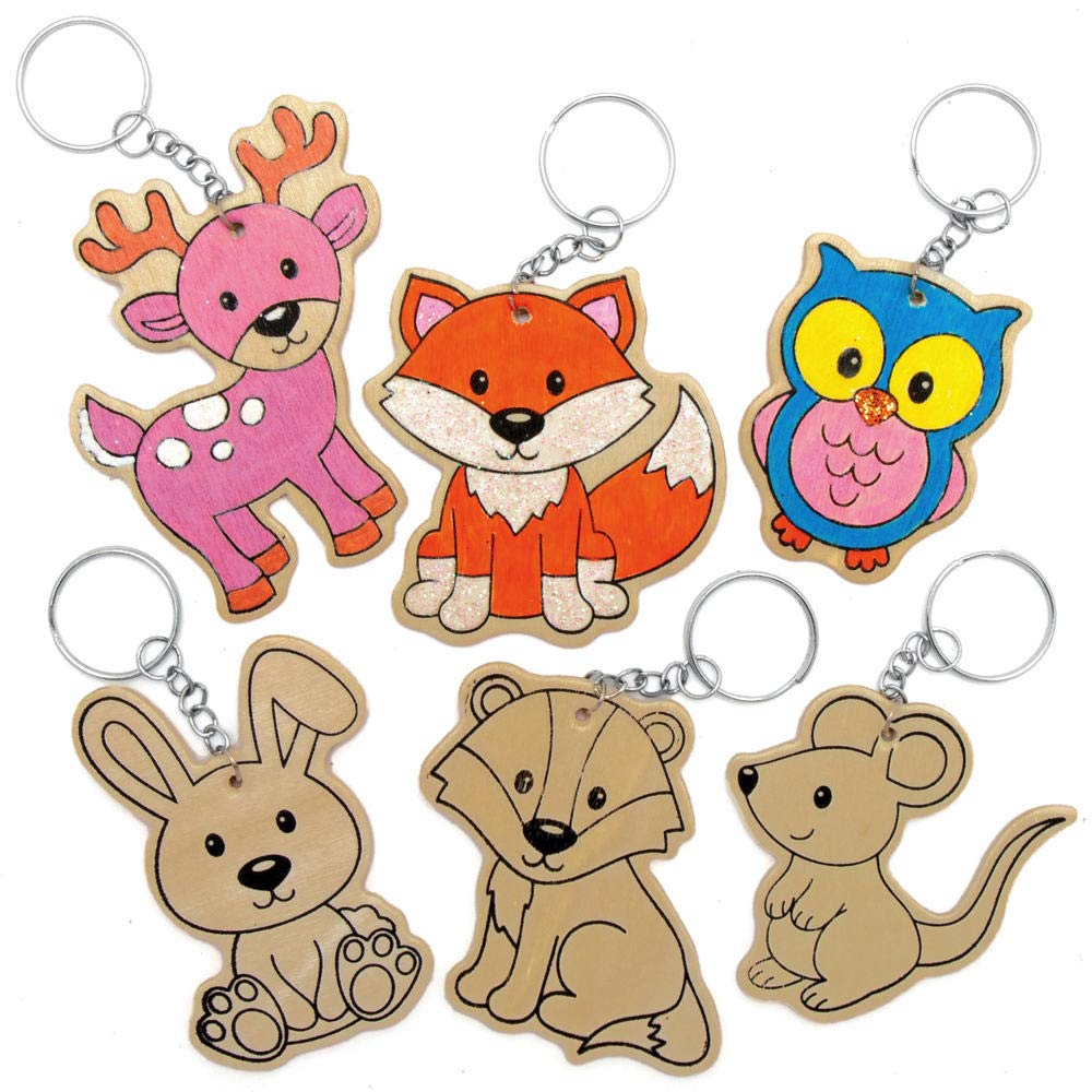 Baker Ross AX182 Woodland Animal Wooden Keyrings - Pack of 10, Colour in Woodcraft Kits for Kids Arts and Crafting Activities