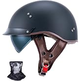 JQF Gear Retro Motorcycle Helmets MM107 DOT Approved for Men Women | Retro Open Face Helmets Sun Visor Quick Release Buckle,Half Face Helmet for Motorbike Cruiser Moped Scooter,Matte Black-M
