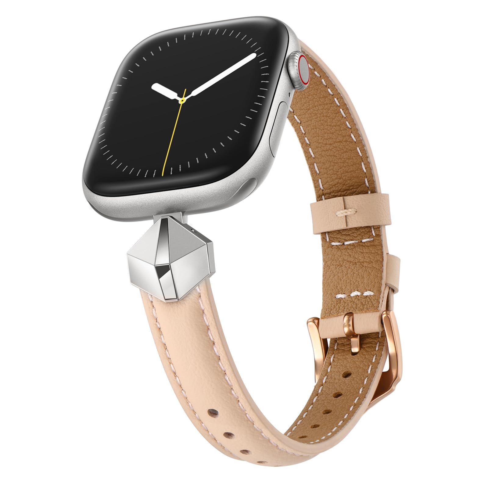 WFEAGL Leather Band Compatible with Apple Watch Bands Women 49mm 46mm 45mm 44mm 42mm(Series 3 2 1),Dressy Slim Grain Genuine Leather band for iWatch Ultra SE Series 10/9/8/7/6/5/4-PinkSand/Silver