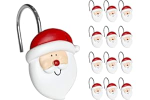 Sunlit Merry Christmas Shower Curtain Hooks Smiling Santa Claus Shower Curtain Rings, Resin, Christmas Decor, Winter Bathroom Decoration - 12 Pack