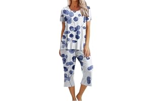 Women's Capri Pajama Sets 2 Piece Boho Print Short Sleeve Sleepwear Top and Capri Pants Outfits Lounge Pjs Set with Pockets