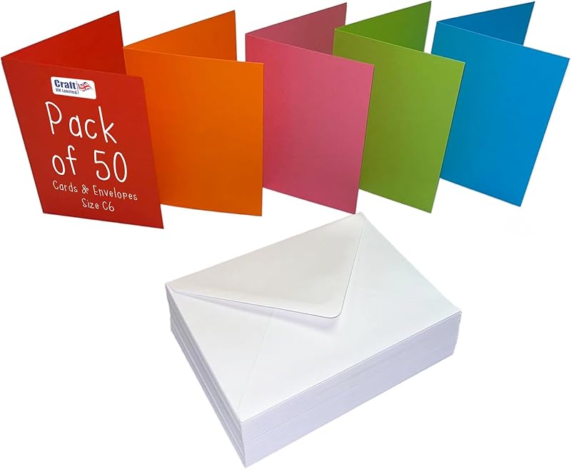 Craft UK 2483 Card and Envelope Pack of 50 Mixed Colours White Envelopes