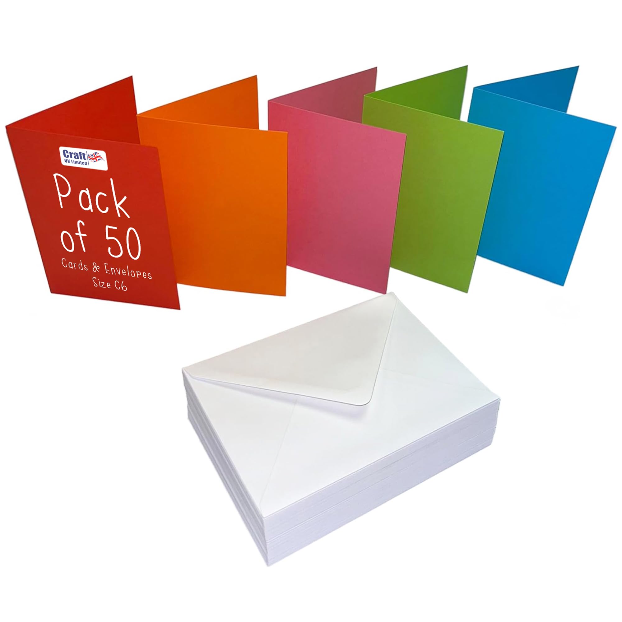 Craft UK 2483 C6 Card and Envelope Pack of 50 - Mixed Colours White Envelopes