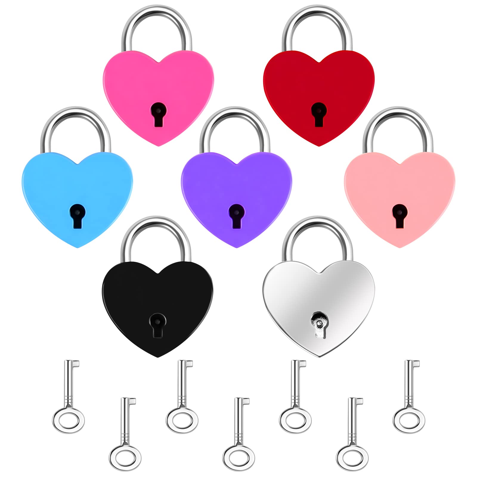 Baiyuanli 7Pcs Heart Padlocks Suitcase with Key Small Alloy Luggage Locks for Suitcases Mini Metal Backpack Love Decorative Lock Box Diary Luggage, Multicolor, 3.2*2.5*0.6cm