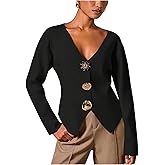SOLY HUX Cardigan Sweaters for Women V Neck Long Sleeve Metal Button Knit Tops Going Out Fall Clothes