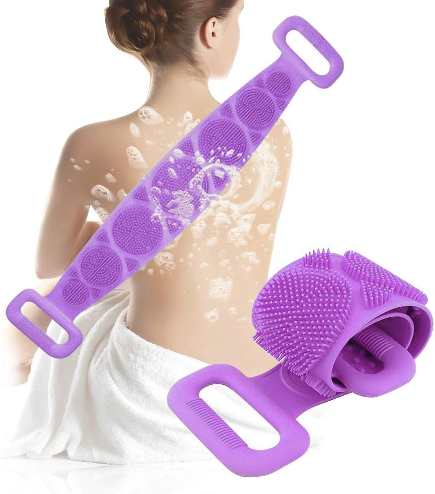 Silicone Body Scrubber Bath Shower Towel,Back Cleaning Shower Strap,Silicone Body Brush, Body Wash Silicone Scrubber Belt for Men Women, Easy to Clean (PURPLE)