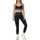 PQBPQB Women 2 Piece Workout U Back Color Block Sports Bra High Waist Tummy Control Active Leggings Yoga Pilates Outfits