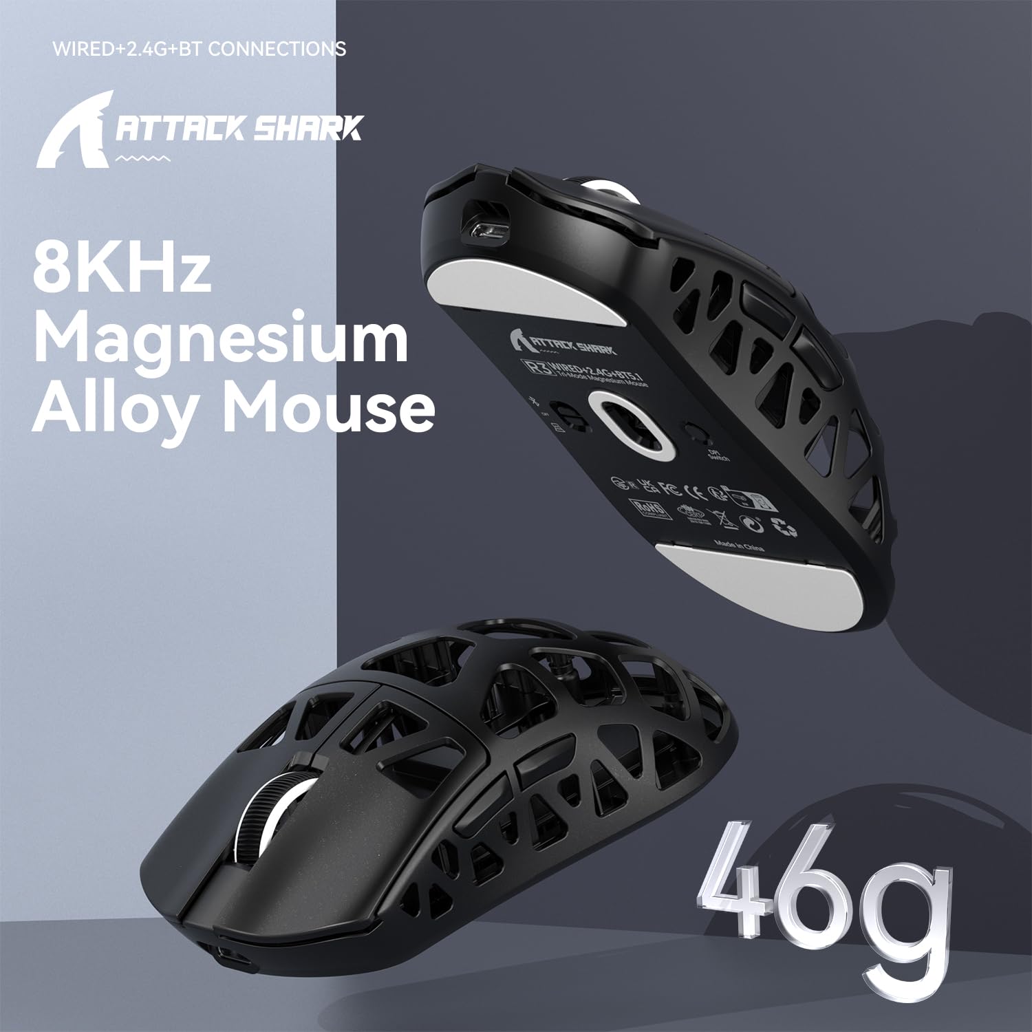 ATTACK SHARK R3 46g Superlight Magnesium Alloy Wireless Gaming Mouse, BT/2.4Ghz/Wired Computer Mouse, 8000Hz Wireless Polling Rate, PAW3395 26K DPI Optical Sensor Programmable Mice for Win/Mac(Black)