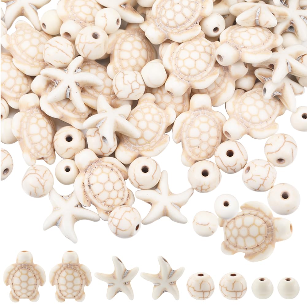 SUNNYCLUE 1 Box 4 Styles 200pcs Turtle Beads White Starfish Beads Bulk Synthetic Turquoise Sea Turtles Bead Summer Sea Animal Bead Charms Hawaii Ocean Tortoise 6mm 8mm Spacer for Jewellery Making Kit