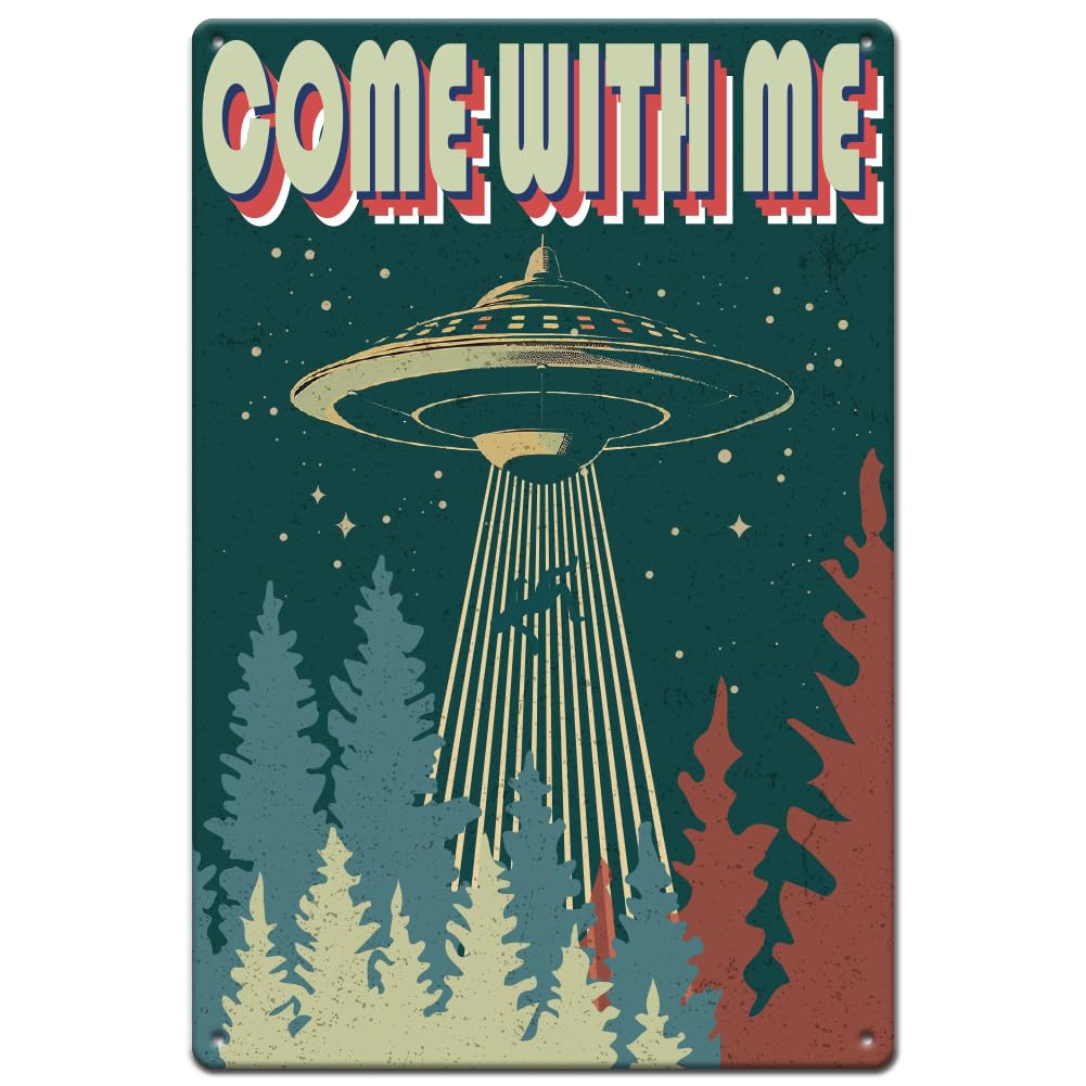 SUPERDANT Vintage Metal Tin Signs Come with Me Retro Metal Forest Alien Sign Wall Poster Retro Sign Decor Wall Art Metal Plaque for Home Livingroom Kid's Room Men's Cave Wall Art Decor Gift
