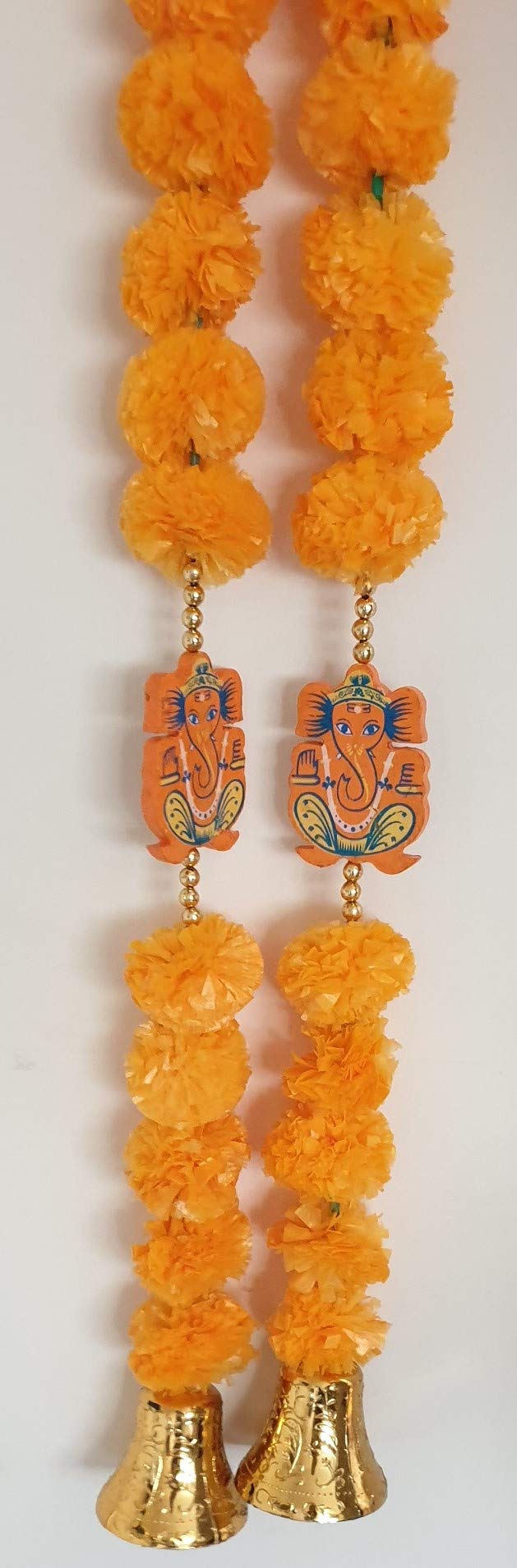 Artificial marigold garland strings with ganesha in middle and bell at bottom 2pcs light orange colour wedding pooja diwali party festival
