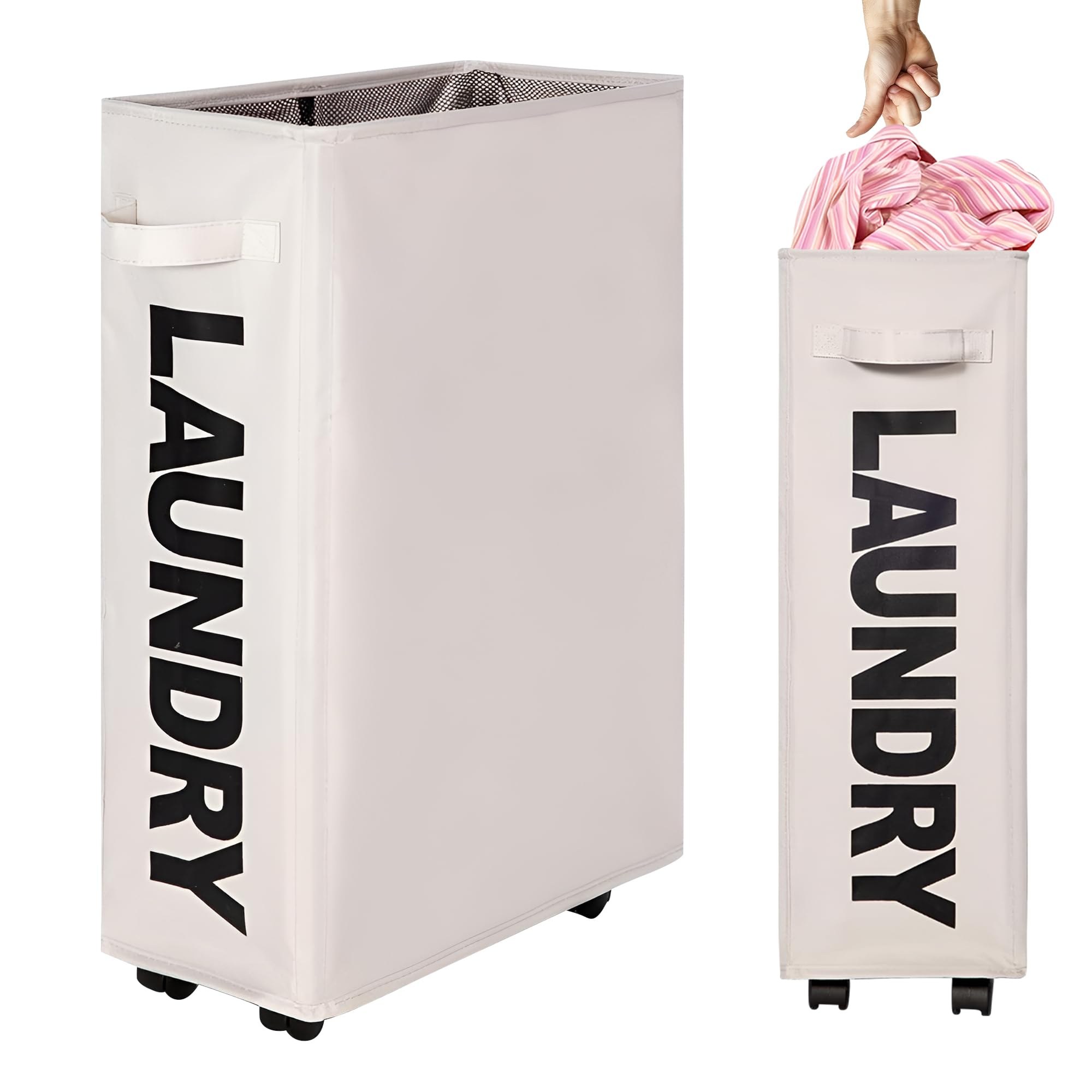 Rolling Laundry Basket Beige | 4 Wheels Collapsible Slim Hamper | Foldable Narrow Clothes Bin with Mesh Lid | Moisture Proof Oxford Fabric Laundry Organizer — image 1