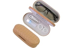 FlyingMage 2 in 1 Contact Lens Case and Eyeglasses Case for Women Men Kids, Double Sided Hard Shell Portable Glasses Travel Holder with Built-in Mirror, Contact Lens Box Storage Kit, Coffee