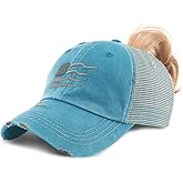 Speedy Pros Ponytail Cap Women's Baseball Cap Embroidered Wavy American Flag Grey Embroidery Cotton