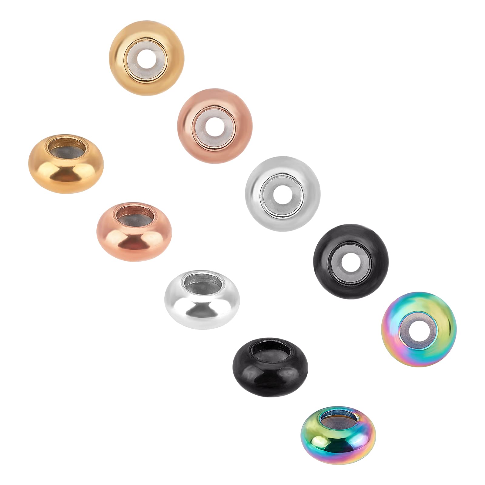 UNICRAFTALE 20pcs 5 Colors 8mm Spacer Stopper Beads with Plastic Inside Rondelle Slider, Stainless Steel Loose Beads for DIY Jewelry Making, Hole 2mm