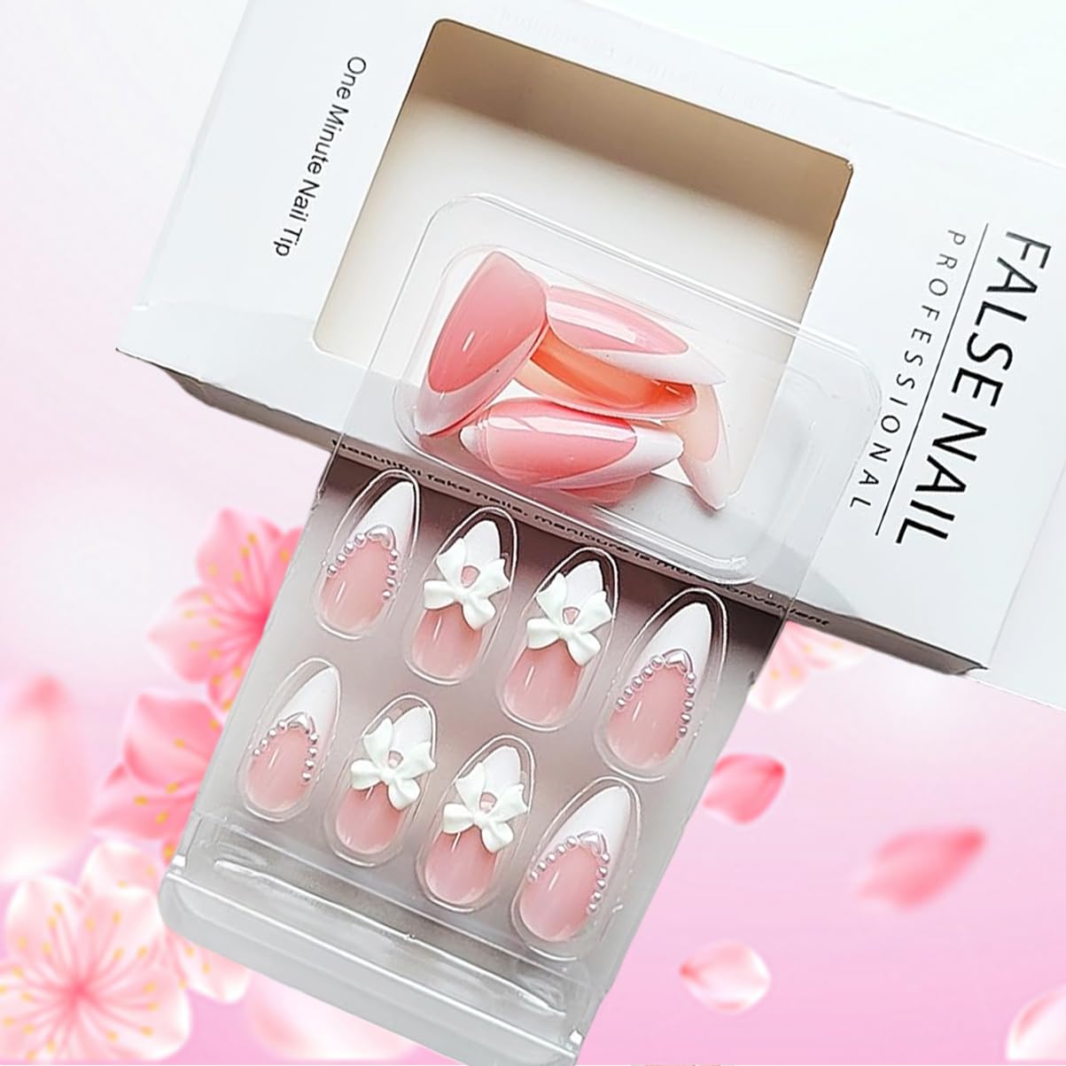 24Pcs Almond Press on Nails French Tips Short Fake Nails with Cute Bow Charms Design French Press on False Nails Nude Pink Acrylic Nails Almond Shaped Artificial Nails for Women Girls Manicure Tip - Image 4