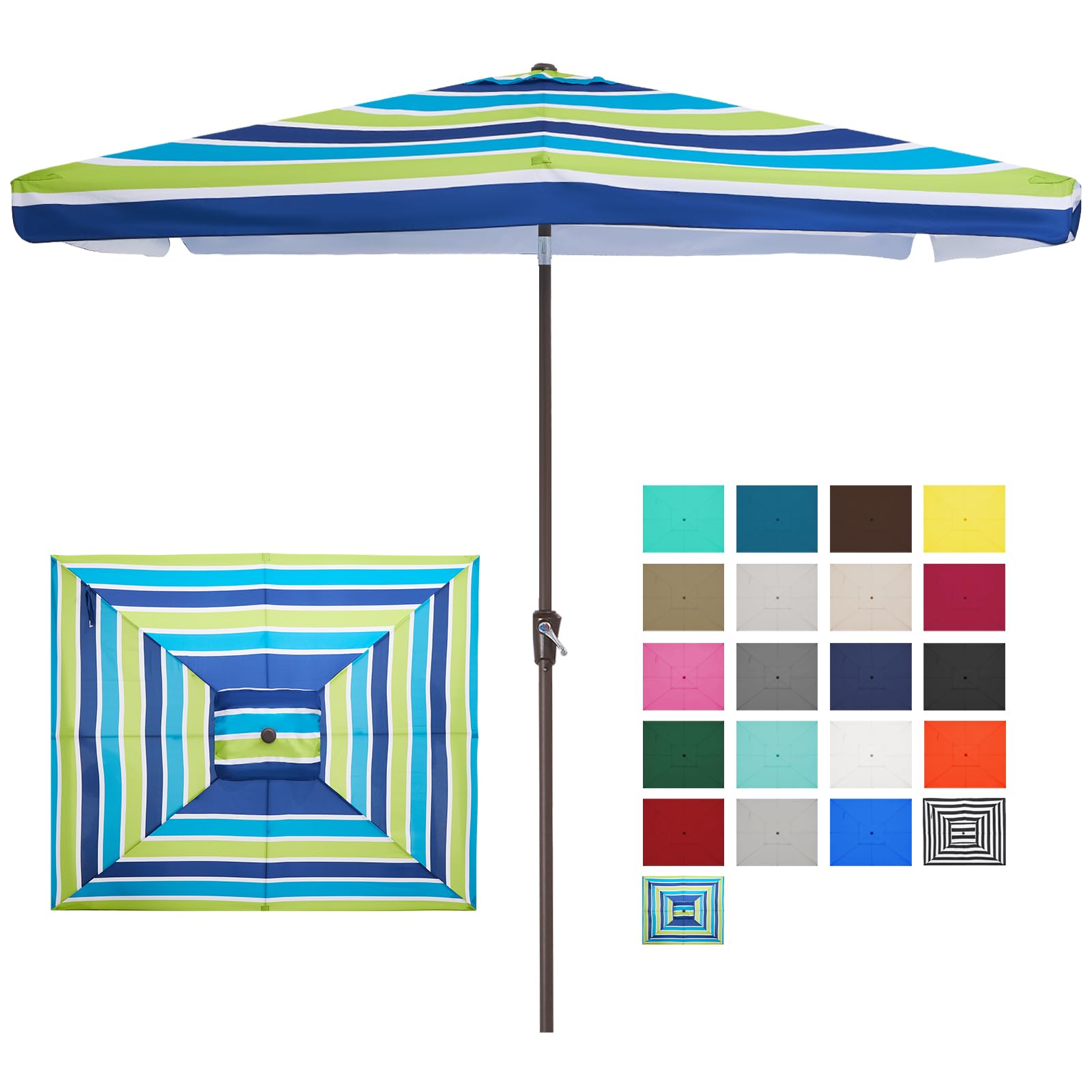 Photo 1 of SIMILAR TO JEAREY 8x10 ft Rectangular Patio Umbrellas Outdoor Table Market Umbrella w/Crank, 8 Sturdy Ribs, UV Protection Waterproof Sunproof(Blue Green Striped)  ***(SOME SMALL DIRT SPOTS, SMALL RUST AREA ON POLOE, BOX RIPPED/TORN...SEE ALL PHOTOS)***