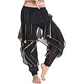 MUNAFIE Belly Dance Harem Pants - Tribal Costume Pants for Women, High Waisted Elastic Waistband, Soft Stretchy Fabric