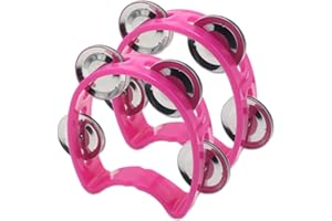 Cheerock 2-Pack Plastic Percussion Handheld Tambourines with 4 Jingle Bells, Pink Mini Rhythm Instruments for Practice, Rehearsal and Performance