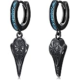 KoyeKei Black Raven Skull Hoop Earrings for Men Women 925 Sterling Silver Viking Crow Bird Skull Turquoise Dangle Drop Earrings Norse Gothic Jewelry Christmas Halloween Gifts for Husband Dad