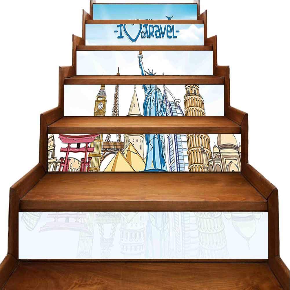 Staircase Decals Stickers Voyager Holiday Lover Quote with Country City Landmarks with a Little Plane Print Staircase Steps Stickers Decor Decor Kitchen Bathroom, W39.3 x H7 inch