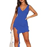 MIYIEONZ Women Sleeveless Sexy V Neck Bodycon Mini Dress Summer Side Slit Mesh Irregular Ruffle Hem Backless Short Dress
