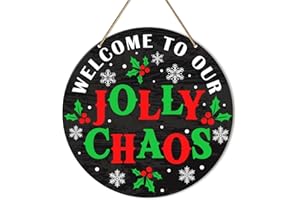 ZODGMED Christmas Welcome Sign for Front Door Porch, Christmas Decor for Home Office Patio Holiday Hanging Sign, Xmas Winter Rustic Wall Decorations, Welcome to Our Jolly Chaos