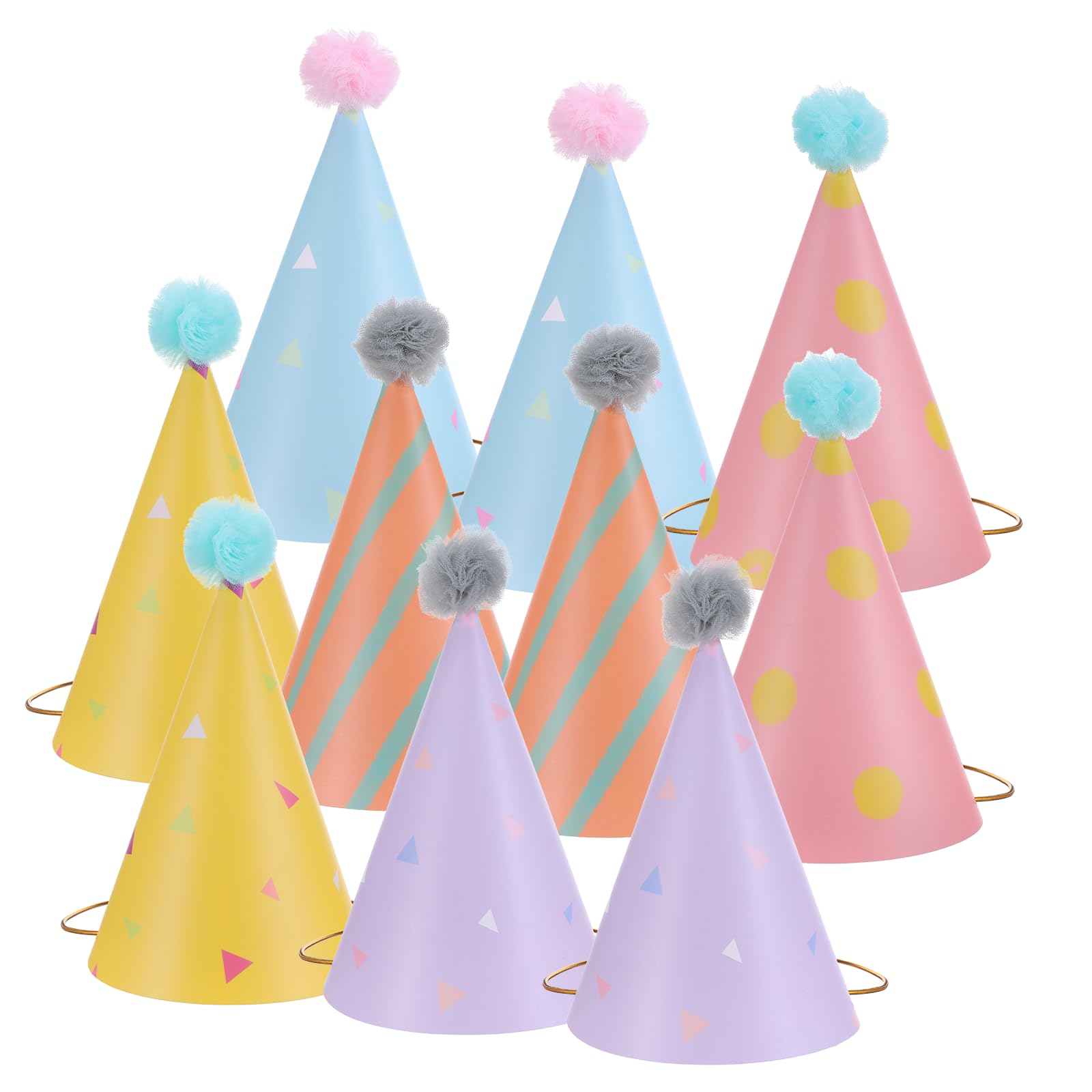 Aeaocvo 10 PCS Party Hats with Pom Poms, Paper Birthday Hat for Adults Kids, Party Cone Hats Decorations for Fun Activity, Photo Props, Memorable Celebrations
