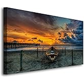 Beach Themed Wall Art Canvas Prints Seascape Poster Bathroom Décor Boat Ocean Sunset Landscape Paintings for Bedroom Dining Room Home Kitchen Decorations Natural Artwork 20x40 Picture Wooden Frames