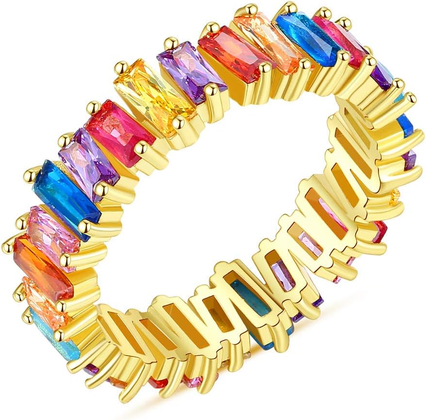 AAA Cubic Zirconia Baguette Stone Rainbow Ring Eternity Ring Jewelry for Women's Accessaries