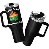 34HD Dumpster Fire Tumbler with Handle and Straw, 40oz Stainless Steel This Little Light Of My Cup, Everything Is Fine Mug, Funny Birthday Gifts for Him Her, Friends & Coworkers