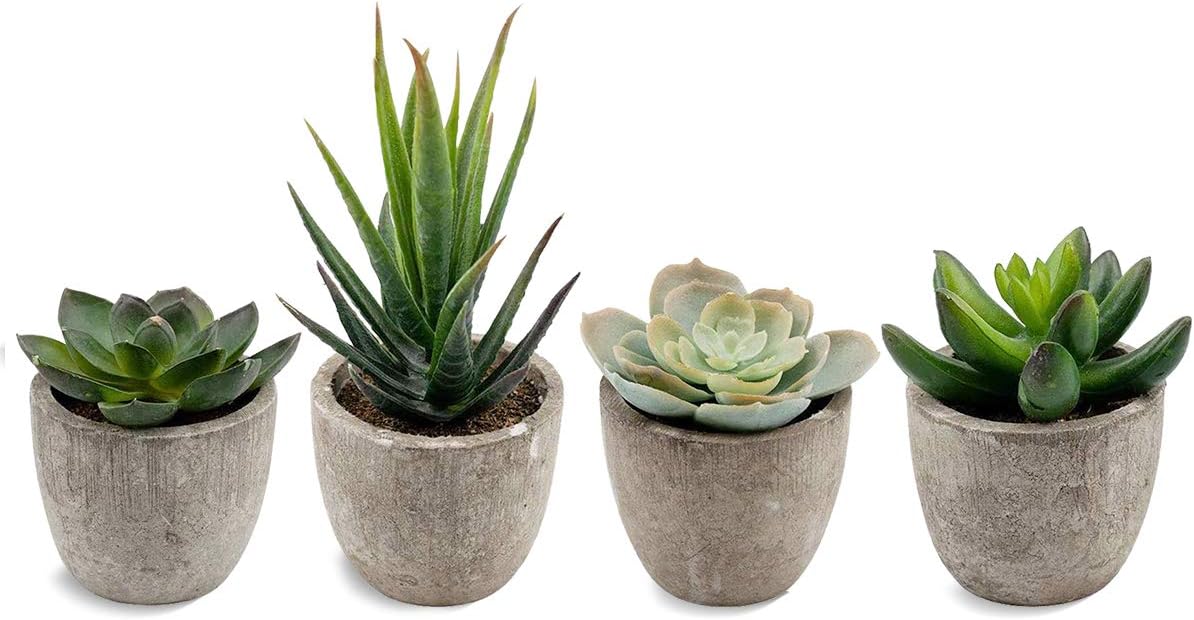 QUNPON Set of 4 Artificial Succulent Fake Simulation Plants with Pots, Ideal for Home, Office and Outdoor Decor