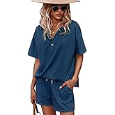 CORSKI Women's Short Sleeve Sweatsuit Sets Lounge 2 Piece V Neck Tracksuit Casual Loose Fit Outfits