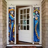 Tomhong 2PCS Day of The Dead Porch Sign Door Banner Skeleton Couple Front Door Cover Hanging Decorations for Indoor Outdoor Halloween Dia de los Muertos Party Supplies 71 x 12 Inch