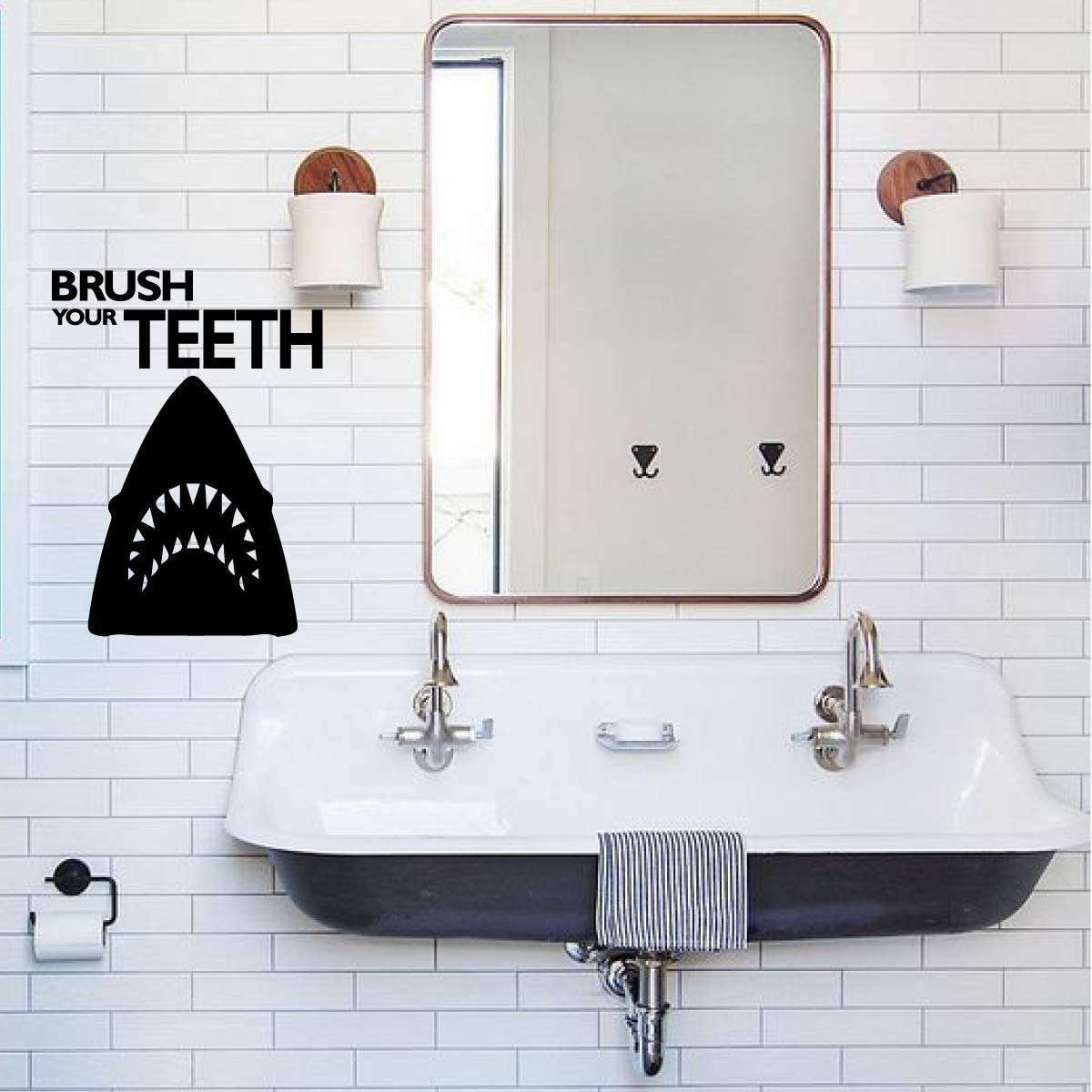Great White Shark Wall Decal - Brush Your Teeth - Silhouette Vinyl Sticker Decor for Boys - Kids Bathroom or Restroom Decoration - Dental Office Fun Gift
