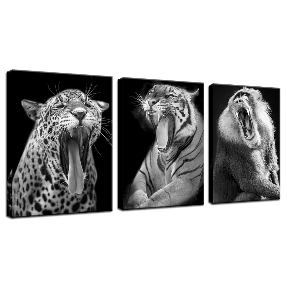 Biuteawal - Black and White Animal Wall Art Painting Angry Leopard Tiger Monkey Roaring Picture Print on Canvas Modern Home Office Wall Decor Framed Ready to Hang