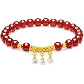 ZHOU LIU FU Sterling Silver Beaded Bracelet Silver Pearls Charm Bracelets Healing Gemstones Red Agate Beads Stretch Bracelet for Women Mom Daughter Lover Birthday 6.7"/17CM J1916340