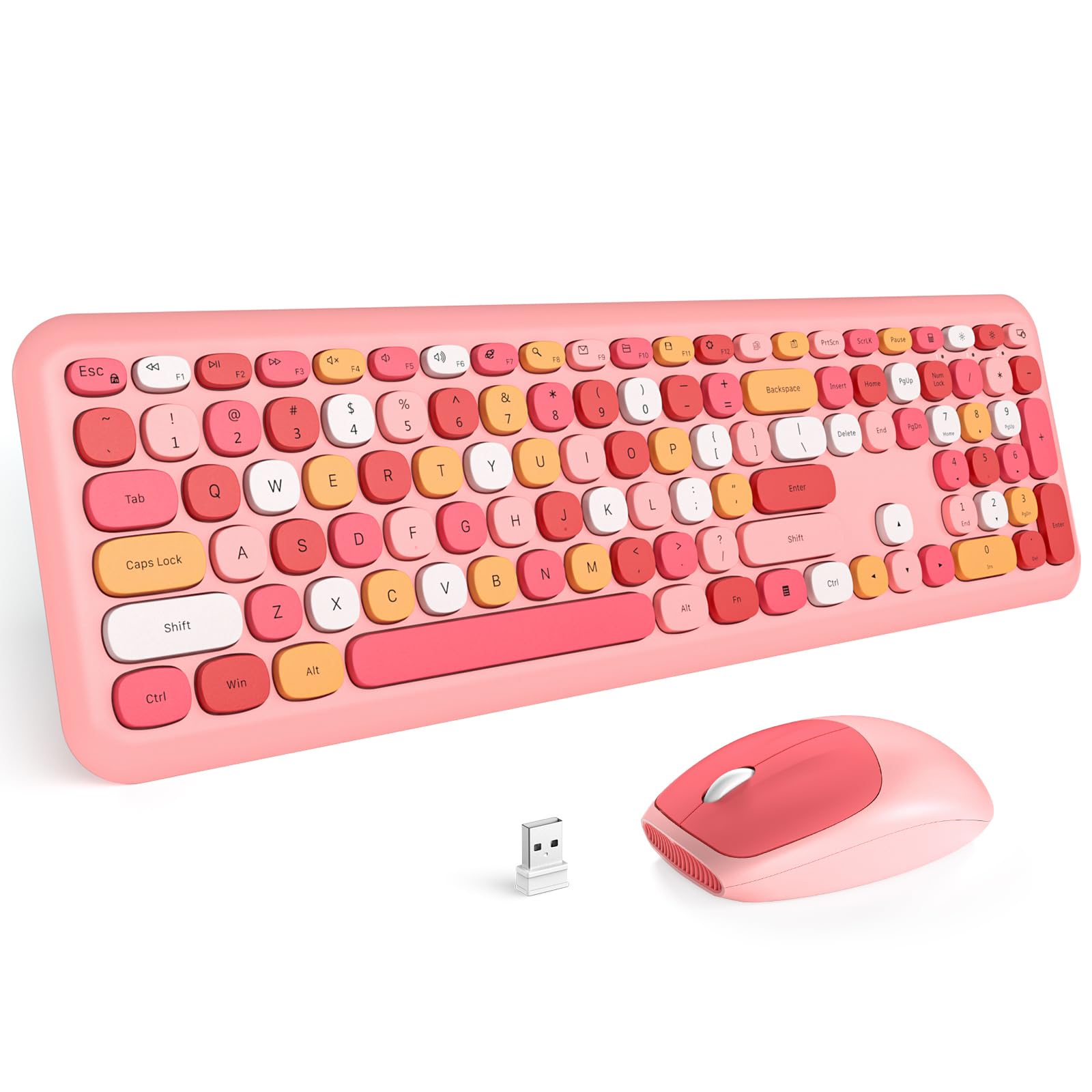 MOFII Wireless Keyboard and Mouse Combo, Colorful Full Size Keyboard with Number Pad, Silent Cute Wireless Mouse, 2.4GHz Dropout-Free Connection, for PC Laptop Computer (Pink Color)