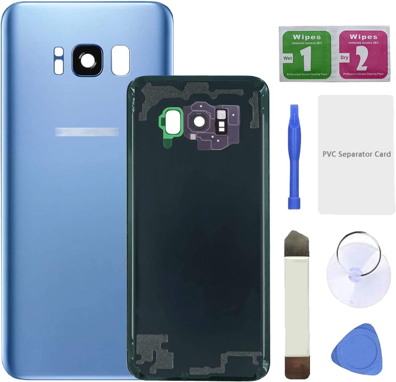 Eonpam Back Cover Glass for Samsung Galaxy S8 G950 Rear Glass Replacement with Camera Lens + Repair Kit Genuine Rear Housing (Blue)