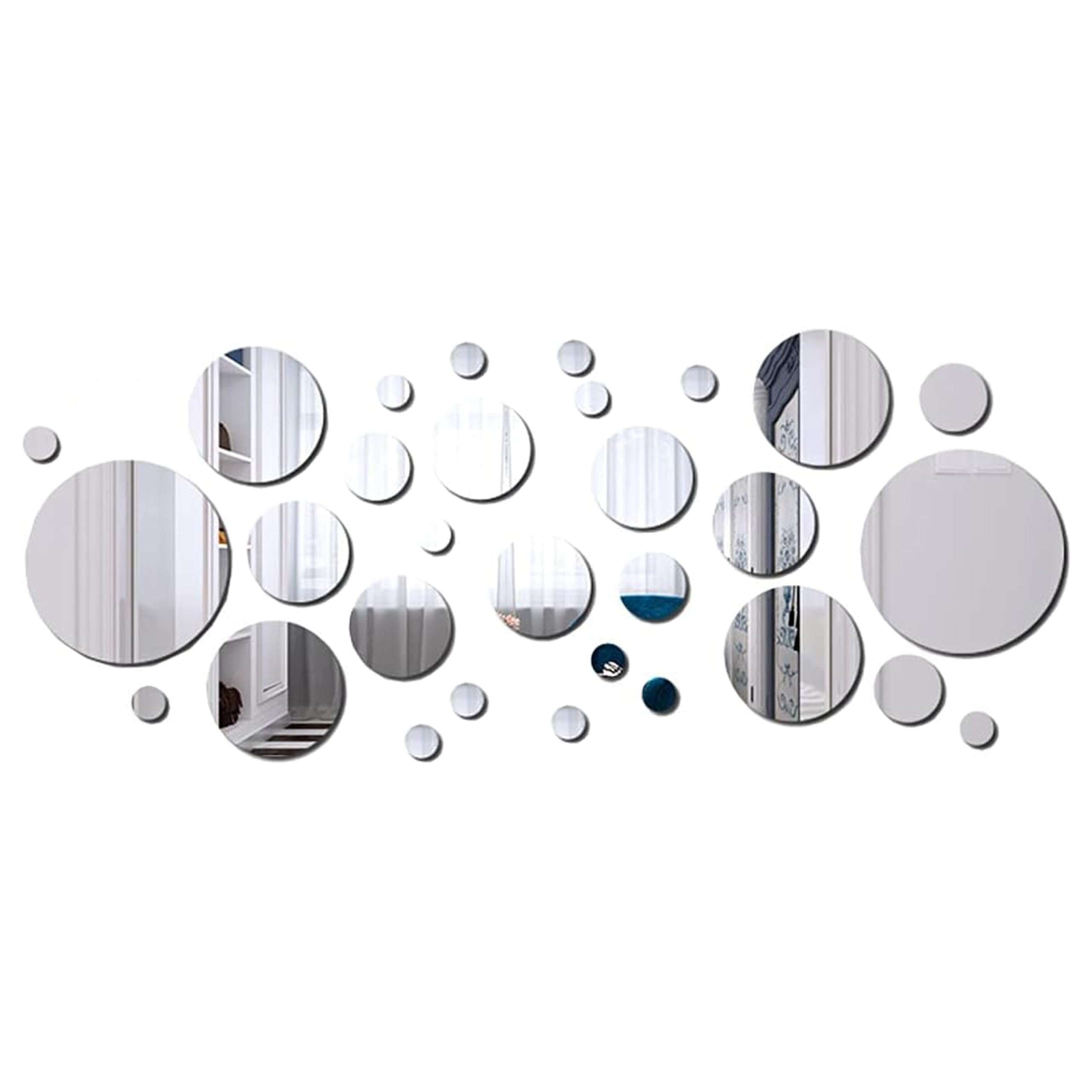 yufana 30 Pack Round Circle Mirrors, Acrylic Mirrors, Mirror Wall Stickers, Mirror Decoration, DIY Acrylic Wall Stickers, For Bathroom, Kitchen, Living Room, Changing Room (Silver)