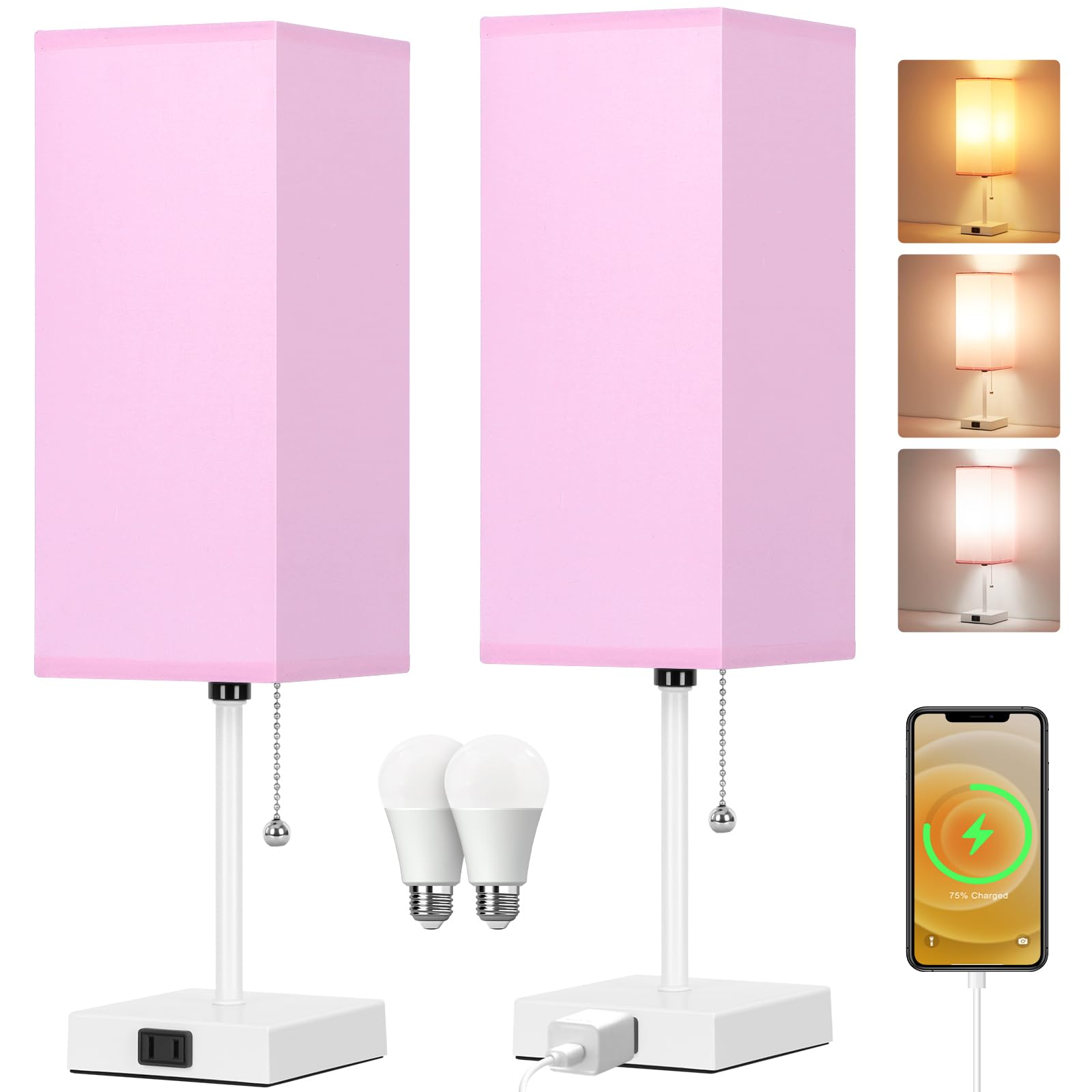 18'' Table Lamp for Bedroom set of 2,3-Color Bedside Lamps with Pull Chain Table Lamps for Night stands ,Small Night Light Lamps with 2 Bulbs Lamps for Living Room Kids Room Office Decor（Pink+White） Image